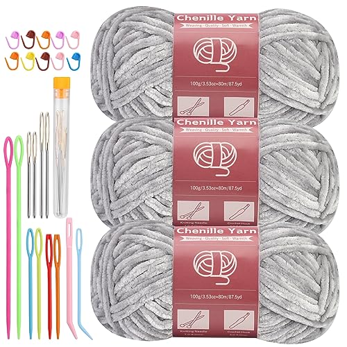 Image of LUNARM Chenille Yarn 3 Pack 3.5oz Chunky Blanket Velvet Yarn 263 Yard | Light Grey Chunky Chenille Yarn for Beginners Crocheting Hand Knitting Scarves with Big Eye Needles Machine Washable