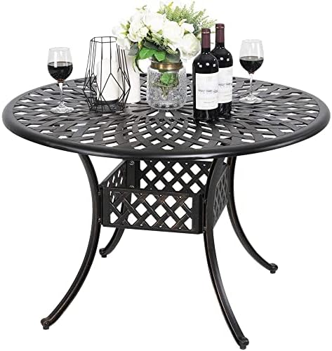 42″ Patio Bistro Dining Table – Cast Aluminum Umbrella Hole Table – Rust Resistant Lattice Weave Design – for Outdoor Furniture Patio Deck Garden – Optional Add-on 4 Chairs for 5 Piece Set (Black)