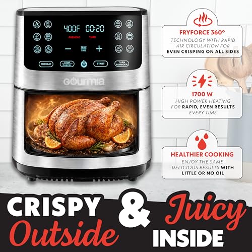 Image of Gourmia Air Fryer Oven Digital Display 8 Quart Large AirFryer Cooker 12 Touch Cooking Presets, XL Air Fryer Basket 1700w Power Multifunction GAF838 Black and stainless steel air fryer