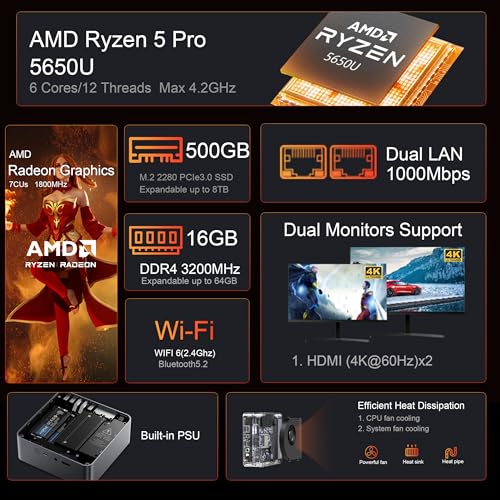Image of Beelink Mini PC, 5650U Pro AMD Ryzen 5 (up to 4.2GHz) 16GB DDR4 RAM 500GB M.2 NVMe SSD Mini Desktop Computer, Dual LAN /Wifi6 /BT5.2 /USB3.2 /4K@60Hz Dual HDMI Display,Office /Home Micro PC