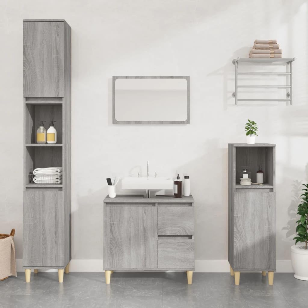 3-TLG. Badmöbel-Set Grau Sonoma Holzwerkstoff,Badschrank mit Holzbeinen, Badezimmer Unterschrank Hochschrank Midischrank, Badezimmermöbel