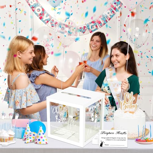 Image of 50 Diaper Raffle Tickets With Box for Baby Shower Game, Clear White Card Box for Gender Reveal Oh Baby Party Decoration