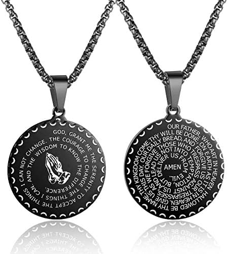 Rehoboth Stainless Steel Coin Medal Our Father Lord's Prayer Cross Pendant Necklace for Women Men Prayer Hands Coin Medal Pendant 24