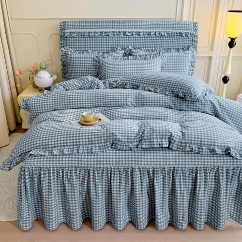 Image of LifeTB Queen Comforter Set Blue Gingham Comforter Vintage Ruffle Plaid Checkered Pattern Comforter Set Queen Fluffy Soft Gingham Bedding Set Farmhouse Plaid Grid Bed Comforter with 2 Pillowcases