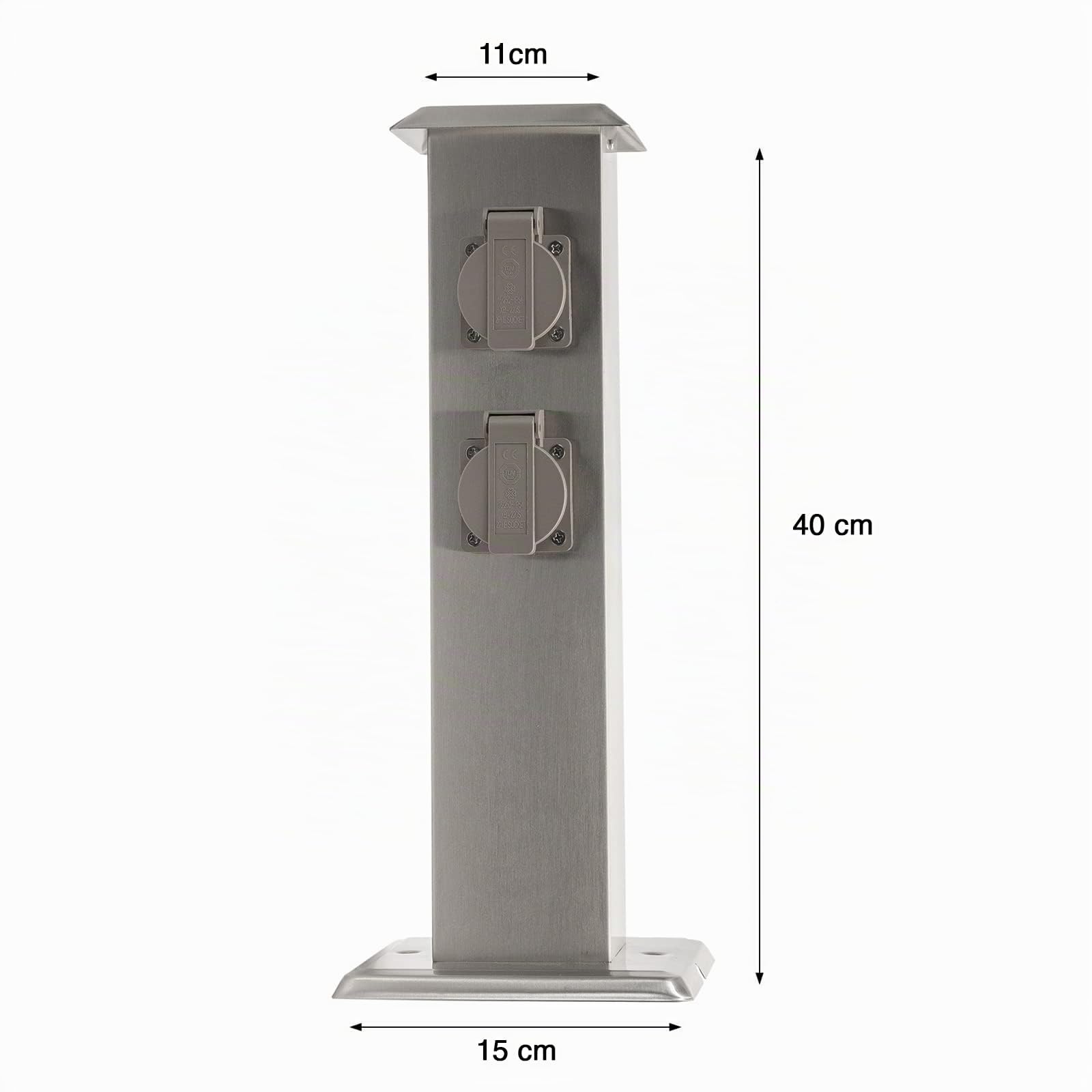 Grafner Edelstahl Gartensteckdose mit 4 Steckdosen, IP54, eckig, Klarlack-Beschichtung, Energiesäule Mehrfachsteckdose Outdoor Metall Außensteckdose 4-Fach