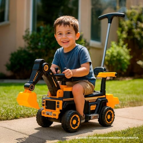 Escavadeira Trator Elétrico Amarelo Infantil 6v Com Pá Articulada Empurrador