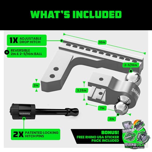 Image of Rhino USA Adjustable Trailer Hitch (Fits 2-Inch Receiver)-Heavy Duty Aluminum Tow Hitches with 10-Inch Drop /Rise for Truck (12,500 LBS GTW) - Weatherproof Double Anti-Theft Locking Hitch Pins (Silver)