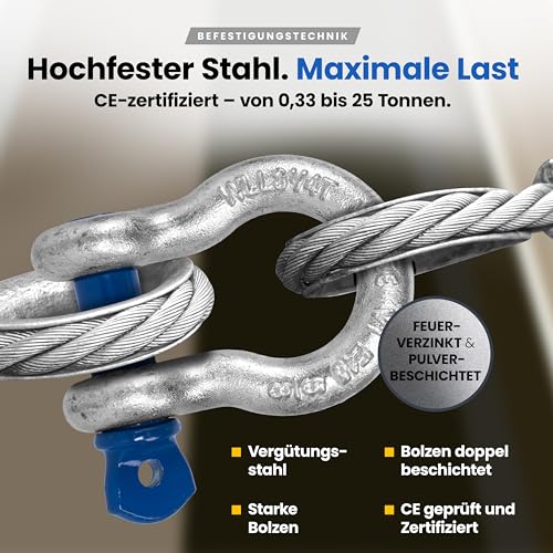 Schäkel geschweift mit Augbolzen – 4,75t Tragkraft – 2 Stk – Stahl feuerverzinkt, korrosionsbeständig – Bolzen Ø 22mm – zertifiziert & hochbelastbar – Größe & Menge wählbar – 0,33t bis 25t (4,75t,2x)
