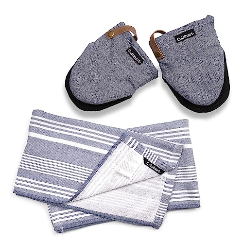 Cuisinart Oven Mitts & Tea Towel Set with Blue Herringbone Mini Mitt Oven Mitts Set of 2 & Fouta Striped Blue & White Tea Towels for Kitchen Set of 2