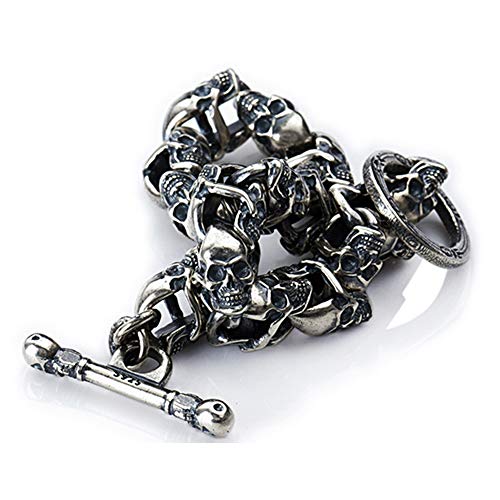 925 Sterling Silver Bracelet Unique Double-Sided Skull Head Punk Biker Bracelet for Men (Silver, 21.5 cm)4