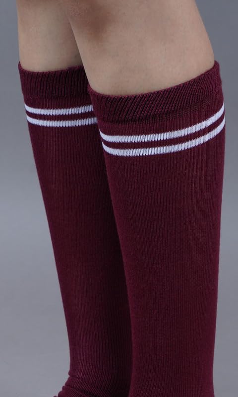 WKLOUYHE Maroon With White Stripes Design Knee Length School Cotton Socks for Boys & Girls_Pack Of 04(StripWht-Maroon,16-17 Years) 2