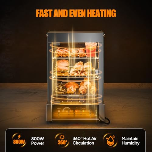 Image of ROVSUN 15 inch Commercial Food Warmer Display Pizza Warmer, 3-Tier Electric Countertop Food Warmer w /LED Lighting Adjustable Removable Shelves Glass Door, Pretzel Warmer for Buffet Restaurant, Silver