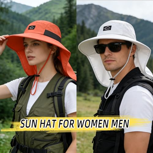 Image of Rosoz Outdoor Sun Hat for Men Women, UPF50+ Protection Safari Cap Wide Brim Mesh Fishing Hat with Neck Flap Beach Garden