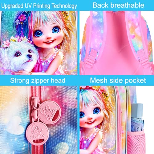 Image of 3Pcs Dog Backpack for Girls, 16 inch Kids Backpacks with Lunch Box, School Bookbag for Elementary Preschool Kindergarten (Pink)