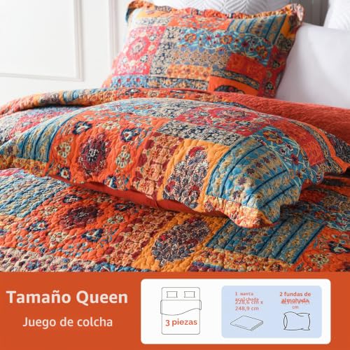 Colcha bouti verano cama 150 patchwork Qucover, cubrecama 230x250cm de algodón reversible 3