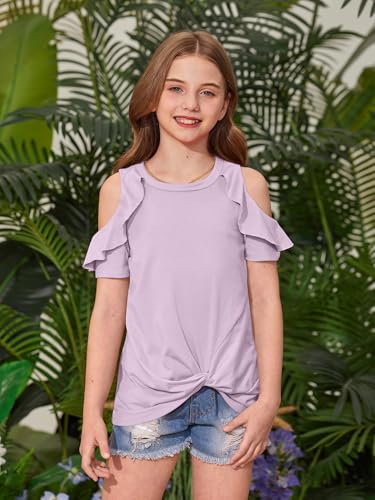 Image of BesserBay Girls Cold Shoulder Tops Twist Front Tunic Ruffle Sleeve Summer Blouses 5-14 Years