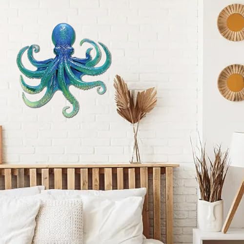 CREATCABIN Metall Oktopus Wandskulptur Aufhängen Ozean Motiv Lebendige Farben Meereslebewesen Tiere Rustikales Ornament Kunstdekor Schild Für Veranda Wohnzimmer Zuhause Büro Garten Balkon 30x30cm
