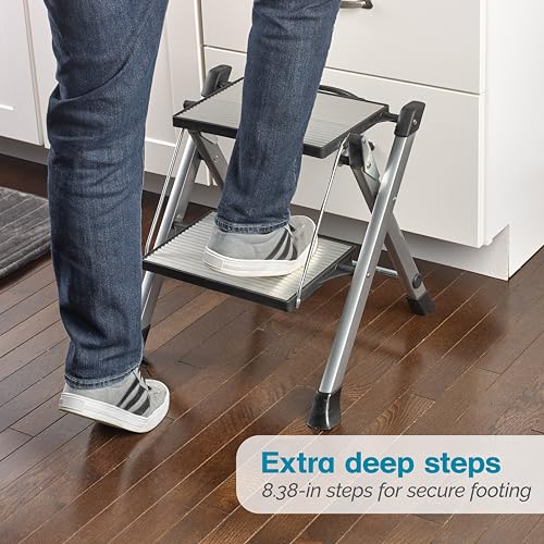 Image of Polder Easy-Close Aluminium 2-Step Stool, Ladder with Non-Skid Feet, Folding Step, Top Step Height - 1.4 feet