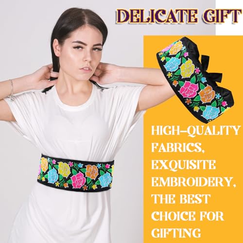 Zoooyawn 2 Pcs Traditional Embroidered Mexican Belt Adjustable Mexican Rose Flower Crown Day of the Dead Floral Crown for Women Dress Boho Floral Traditional Fiesta Party Sash4