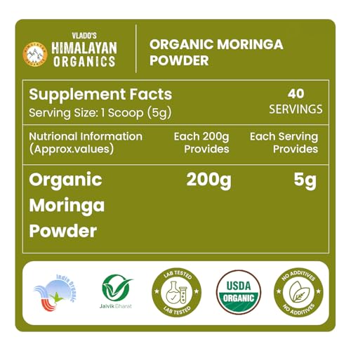 Image of Vlado's Himalayan Organics 100% Organic Certified Moringa Powder - Natural Superfood with 120+ Nutrients, Antioxidants & Vitamins - Drumstick Leaf powder | Herbal Supplement I for Immunity, Digestion & Energy I Rich In Antioxidant & Protein - 200g