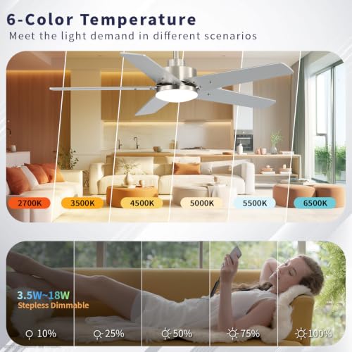 Image of 42 Inch Ceiling Fans with Lights and Remote, Bedroom Living Room Kitchen Home Office Indoor /Outdoor, 6CCT Dimmable, Dual Color 5 Blades, 6 Speed Reversible Quiet DC Motor, Sand-nickel /Wood Grain