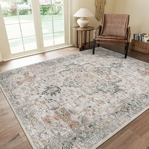 GENIMO 5x7 Area Rugs for Living Room, Machine Washable Non Slip Vintage Rugs, Low Pile Lightweight Chenille Print Rug for Bedroom, Dining Room, Home Office, Light Taupe Brown Cover