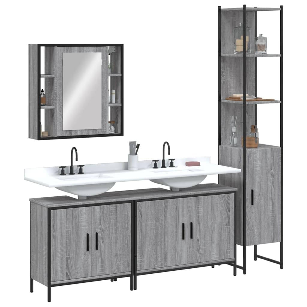 SYDE Set Armario de Baño 4 Pzas Madera Contrachapada Gris Sonoma | Con Espejo y Estante, Acero Recubierto, Patas Ajustables, Fijación a Pared