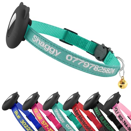 Collar de gato personalizado con soporte para Airtag, collares bordados personalizados con nombre, collar de identificación de nailon para gato con hebilla de liberación de seguridad con campana