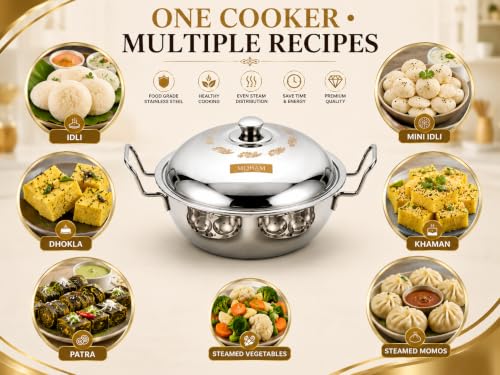 Image of MOHAM Stainless Steel Idli Maker, Dhokla & Momo Steamer Pot with 2 Idli Plates (14 Idlis), 2 Khaman /Dhokla Plates, 1 Patra Plate, 1 Mini Idli Plate | Multipurpose Steam Cooker with Lid | Heavy Gauge Food Grade Steel | Mirror Finish | Gas & Induction Compatible