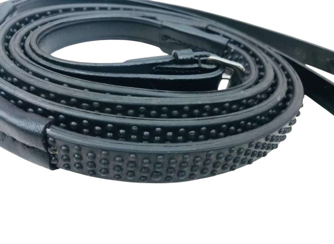 Benz Equestrian BioGrip Solid Rubber Reins Flexible Soft Narrow Pebble Black Brown Leather Cob Full Horse (Black, Pony 48")