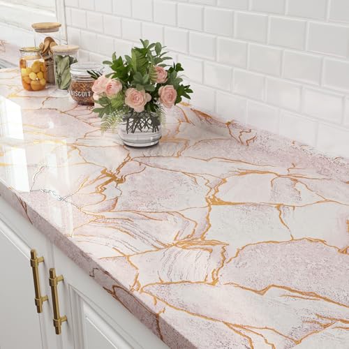FunStick Gold Pink Marble Countertop Contact Paper Waterproof Marble Contact Paper for Countertops Cabinets Self Adhesive Marble Wallpaper Peel and Stick Countertops for Kitchen Bathroom Desk 16"x80"