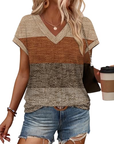 Women Blouses Dressy Casual Plus Size Fashion Clothing Spring Tops Short Sleeve Shirts for Women V Neck T Shirts Beach Vacation Maternity Clothes Color Block 2XL