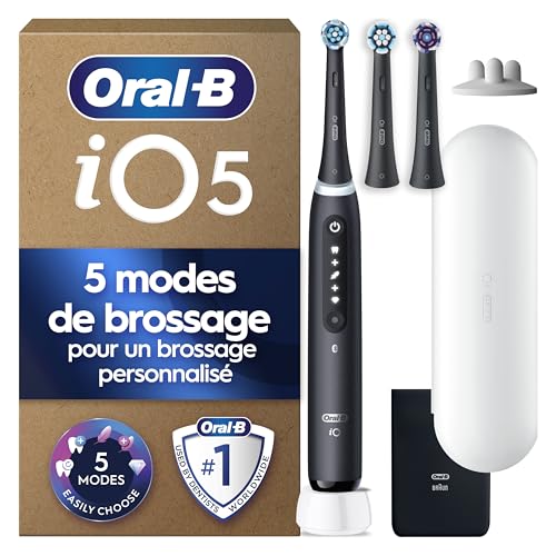 Oral-B iO 5 Brosse À Dents Électrique Noire, Un Capteur De Pression Pour Protéger Les Gencives, Les Dents Sensibles, Des Accessoires, 1 Brossette Douce, 1...