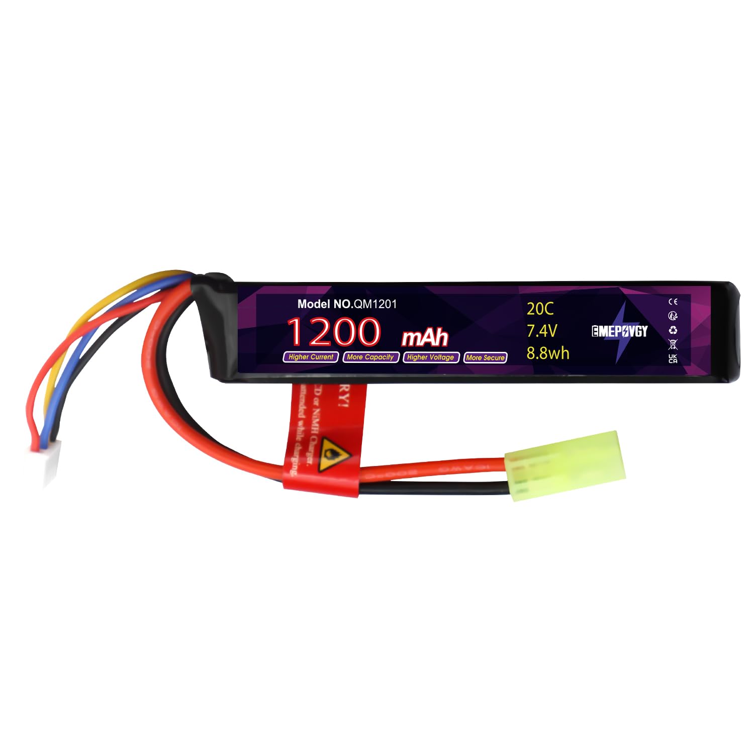 Lipo 2096 - Batteria ricaricabile ai polimeri di litio da 7,4 V, 1200 mAh, 20 C, con mini spina TMY per fucili da softair