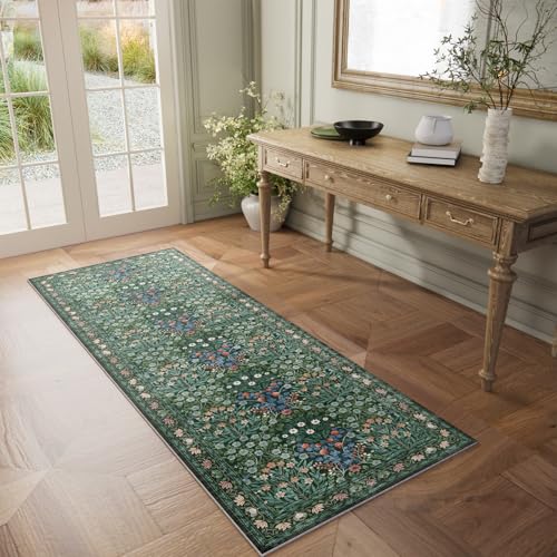 Image of Non-Slip Washable Runner Rug for Hallways, 2x6 Ultra-Thin Floral, Boho Soft Forest Green Carpet for Kitchen, Bathroom & Laundry Room