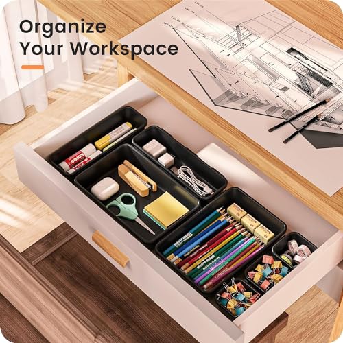 Image of UCRAVO Drawers Organisers Set - 8PCS Black Plastic Drawer Divider Organizer for Desk, Makeup, Jewelry & Kitchen Storage Bins, Drawer Organization for Bathroom, Bedroom & Office