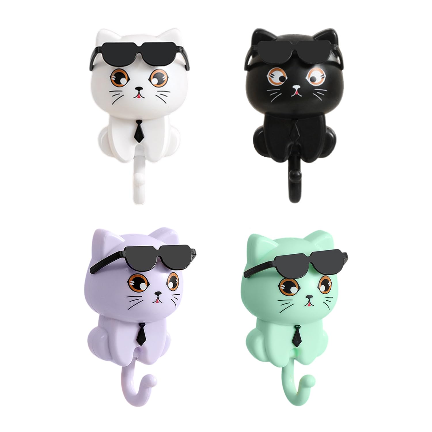 Nidhfg White 4 Pieces Cat Hooks, Cute Cartoon Animals, Creative Wearing Sunglasses, Multi-Functional Hanging Props, Fun Wall Wardrobe Hooks.