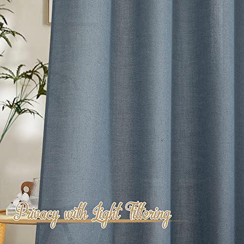 NICETOWN Linen Blend Stone Blue Curtains for Living Room, Grommet Flax Burlap Drapes Semi Sheer Privacy with Light Filtering Window Treatments for Bedroom, W52 x L84, 2 Panels