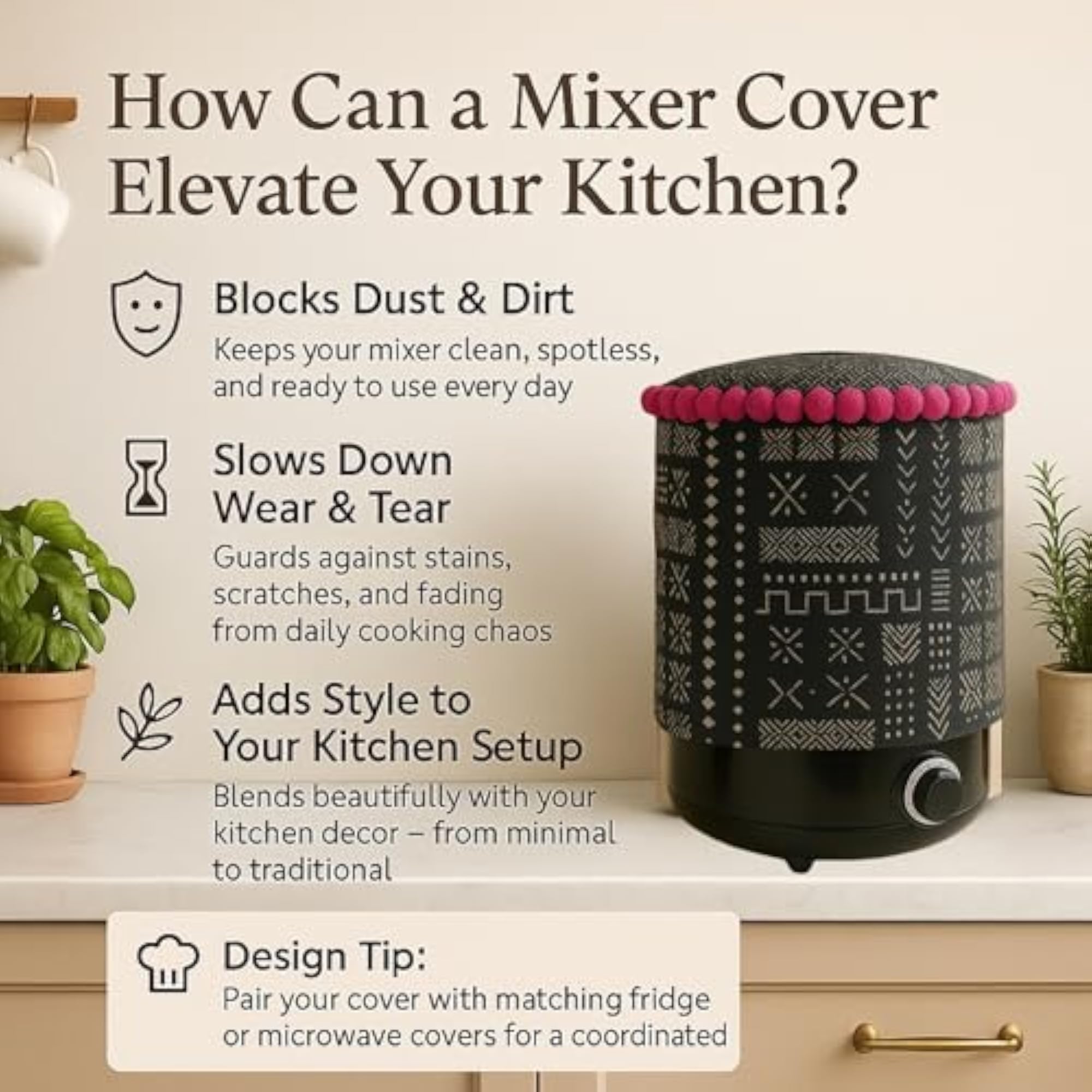 Pink Pom Pom Mixer Cover with Handle, Dust-Proof