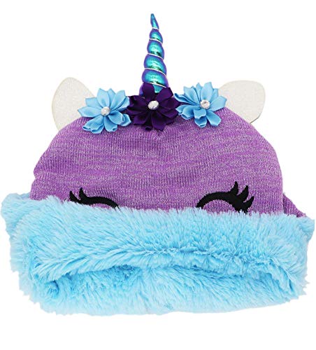 Kids Girls Winter Beanie Hat Smiling Unicorn Shining Glitter Knitted Earflap Fleece Lined Cap Toddler Little Girls4