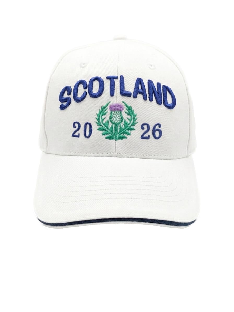 Scotland 2026 Embroidered Thistle Baseball Cap, Navy and White, Cotton, 3D Foam Embroidery, World Cup Hat, One Size (White/Navy)