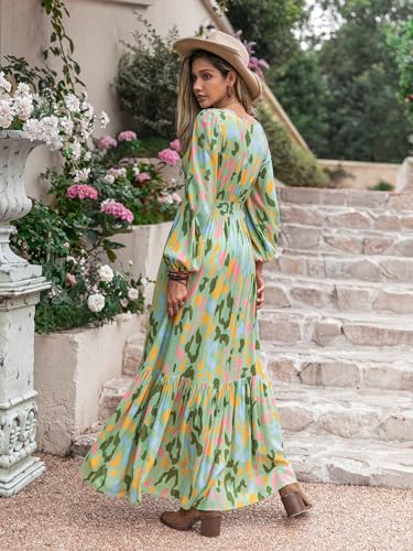 Image of SGF11 Floral Summer Dresses for Women 2026 Design Boho V Neck Short Sleeve Slit Maxi Dress Wear Casual