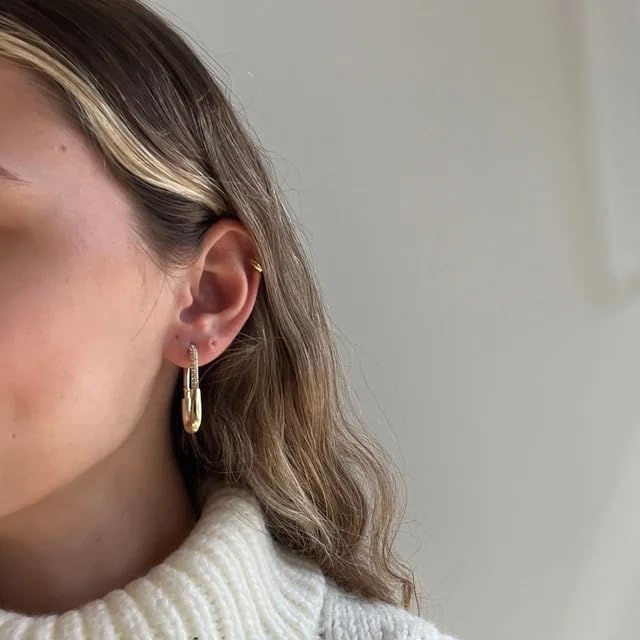 Trendy Long Safety Pin CZ Huggie Hoop Earring for Women Gold Plated Cubic Zirconia Paperclip Dangle Drop Chunky Stud Hoops Earrings Fashion Jewelry Gifts - Image 3