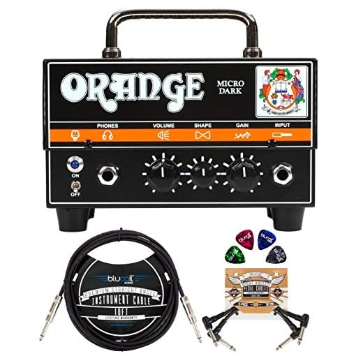 Orange Amps Micro Dark 20W Tube Hybrid Amplifier Head for Electric Guitars Bundle with Blucoil 10' Straight Instrument Cable (1/4"), 2-Pack of Pedal Patch Cables, and 4-Pack of Celluloid Guitar Picks
