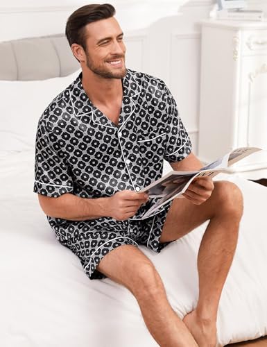 Image of SWOMOG Men Silk Pajama Set Short Sleeve Satin PJs Sets 2 Piece Button Down Sleepwear Soft Summer Loungewear with Pockets