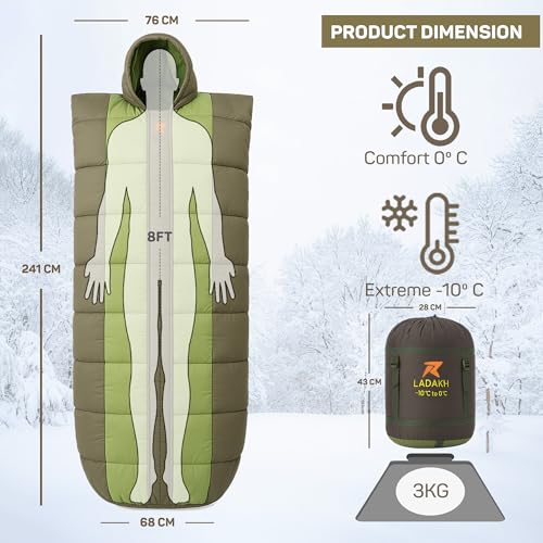 Image of ROCKSPORT Ladakh Mummy Sleeping Bag, Hollow Fiber Filling, Lightweight Winter Camping Bag with Air Pillow, Pista Green (-10C to 0C)