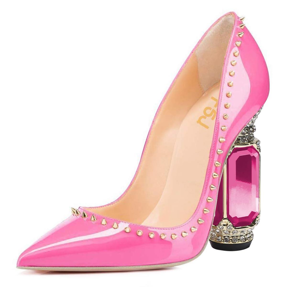 FSJ Women Bridal Pointed Toe Chunky Block High Heel Crystal Pumps Slip on Wedding Thick Comfort Evening Dress Studded Rivets Shoes