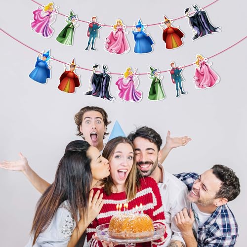 Image of Sleepin Beauty Garland Decoration - Princss-Themed Party Banner Featuring Castles, Crowns, Roses & Magical Icons - Elegant Supplies for Birthdays, Celebrations & Themed Events