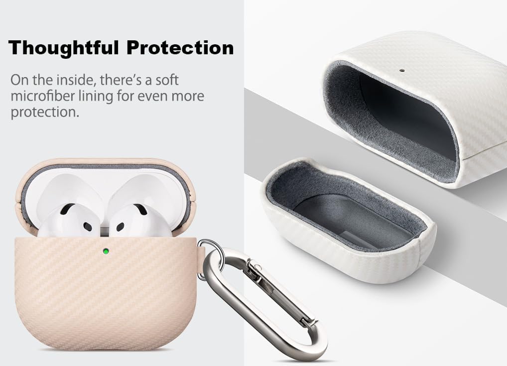 Leather Case - for AirPods 4th Generation Case Cover with Keychain - Selected Skin-Friendly Leather, Carbon Fibre Texture, Handmade Drop Protective Hard Cover for AirPods 4 - Pearl White