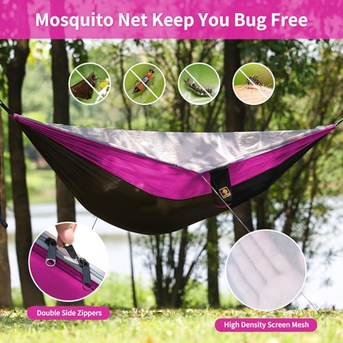 Image of Camping Hammock, Portable Hammocks with Mosquito Net,Lightweight Nylon Parachute Hammock with 10ft Tree Straps,Camping Gear Must Haves for Travel Hiking Backpacking Beach Patio-Black&Pink